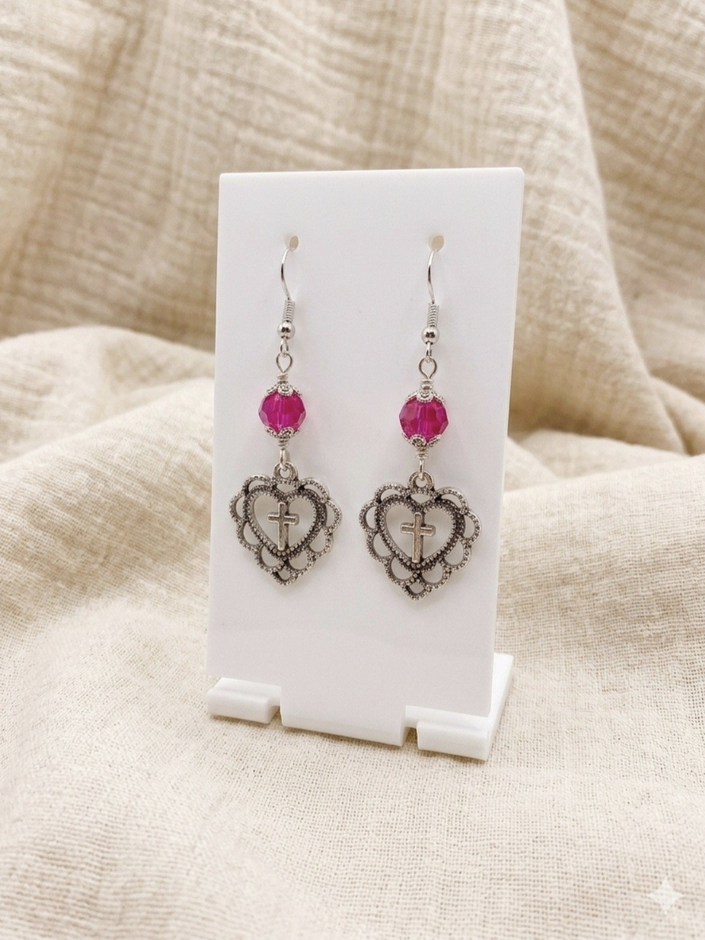 Silver Heart Cross Dangle Earrings with CZECH Pink Bead